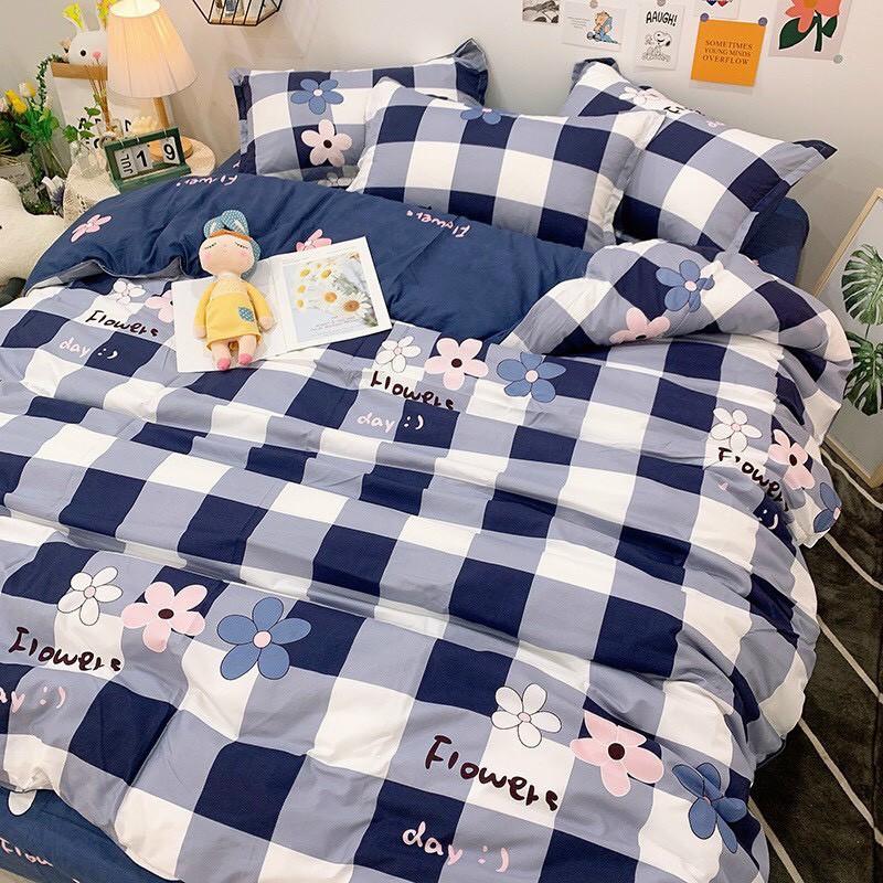 Bộ chăn ga Cotton Poly M2T bedding chăn ga Hàn Quốc họa tiết kẻ xanh than phối hoa đủ size miễn phí bo chun
