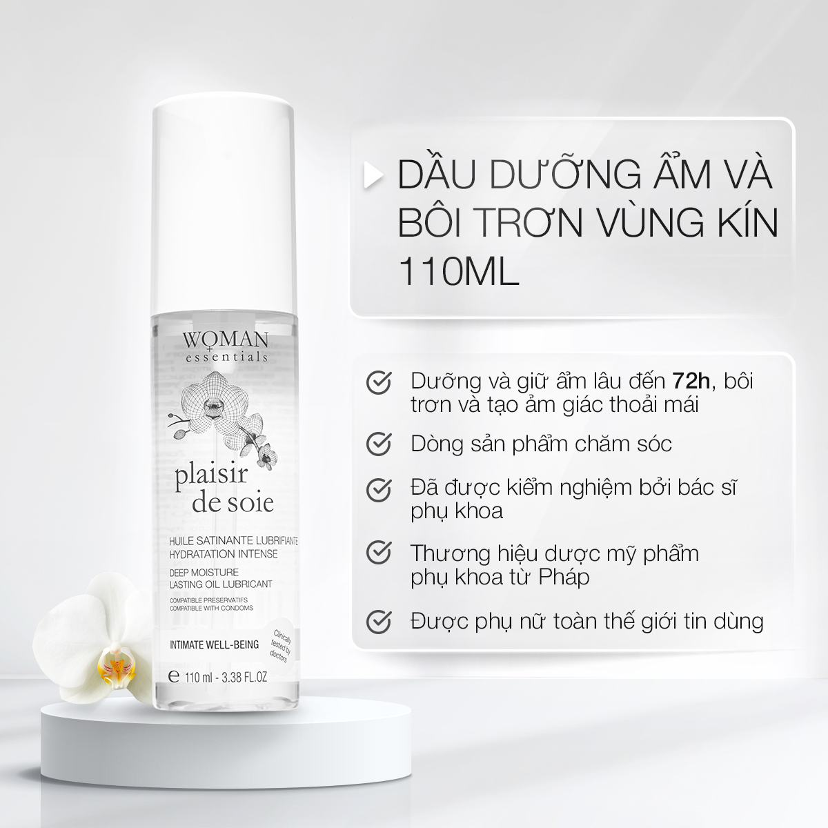 Dầu dưỡng ẩm vùng v-zone bị khô do mãn kinh, tiền mãn kinh Woman Essentials Plaisir De Soie 110ml