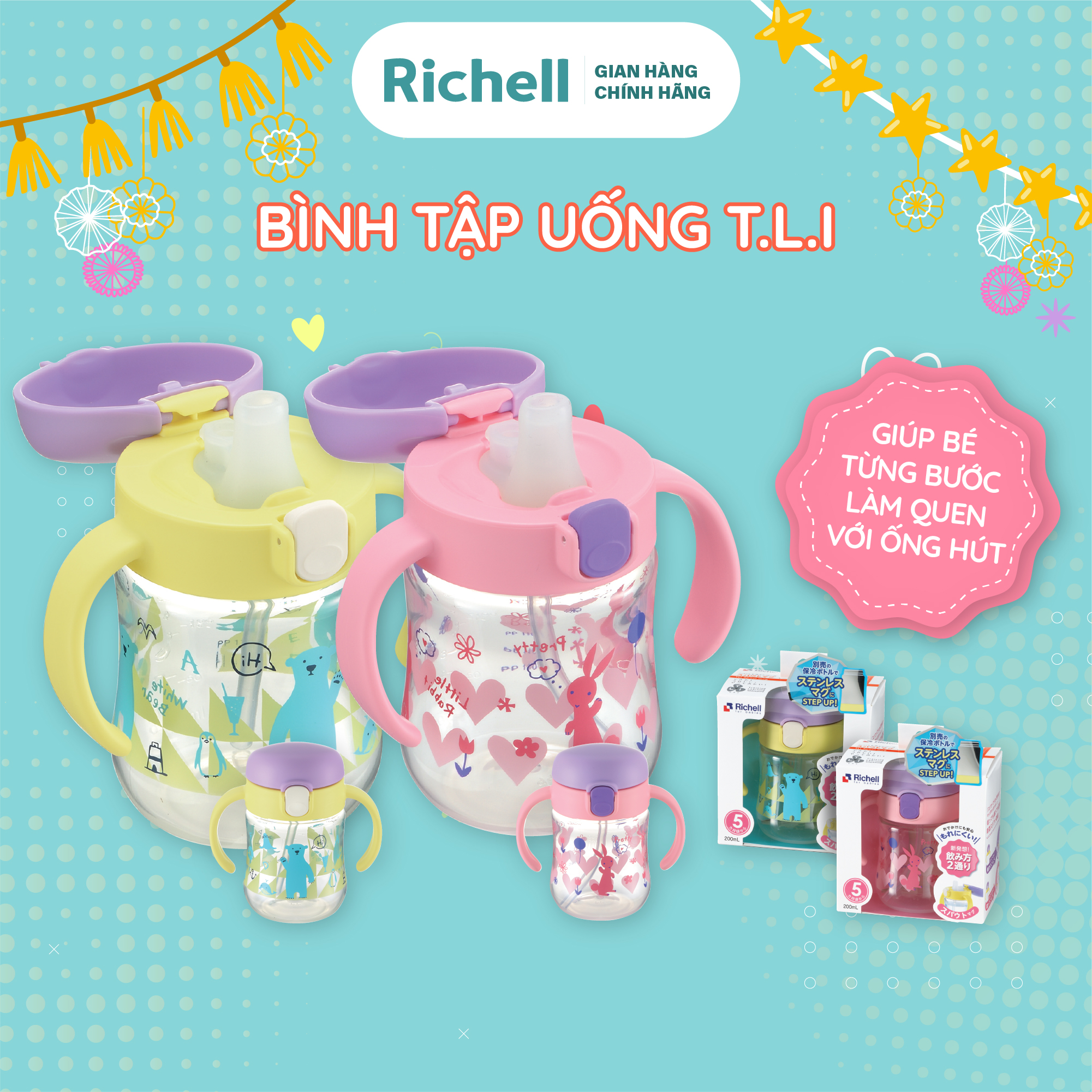 Bình tập uống TLI Richell Nhật Bản - bước 1 - vàng | Baby