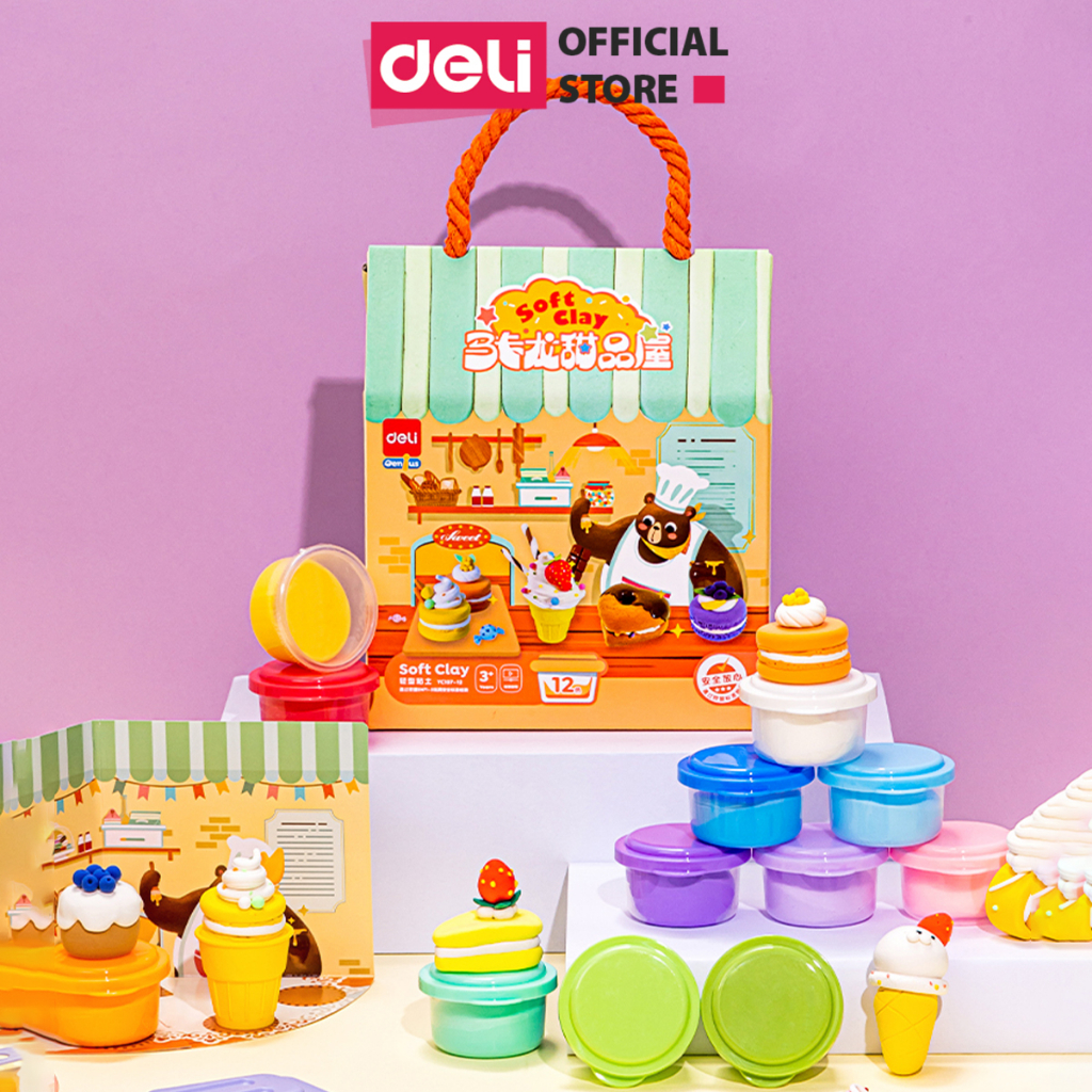 Bộ Đất Nặn Tự Khô Soft Clay 24 màu Deli - Kèm Khuôn Tạo Hình Cute - An Toàn Cho Trẻ Từ 3 Tuổi - Mềm Dẻo Đồ Chơi Sáng Tạo