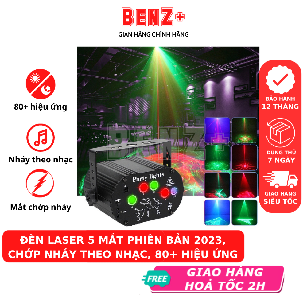 Đèn laser BENZ 5 mắt phiên bản 2023, phòng bay bar karaoke nháy theo nhạc, đèn party lights trang trí sự kiện, sinh nhật