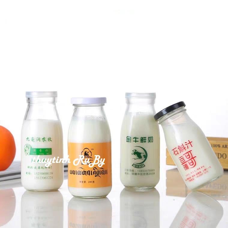 Chai thủy tinh đựng sữa 200ml nắp thiếc, Bình nước thủy tinh
