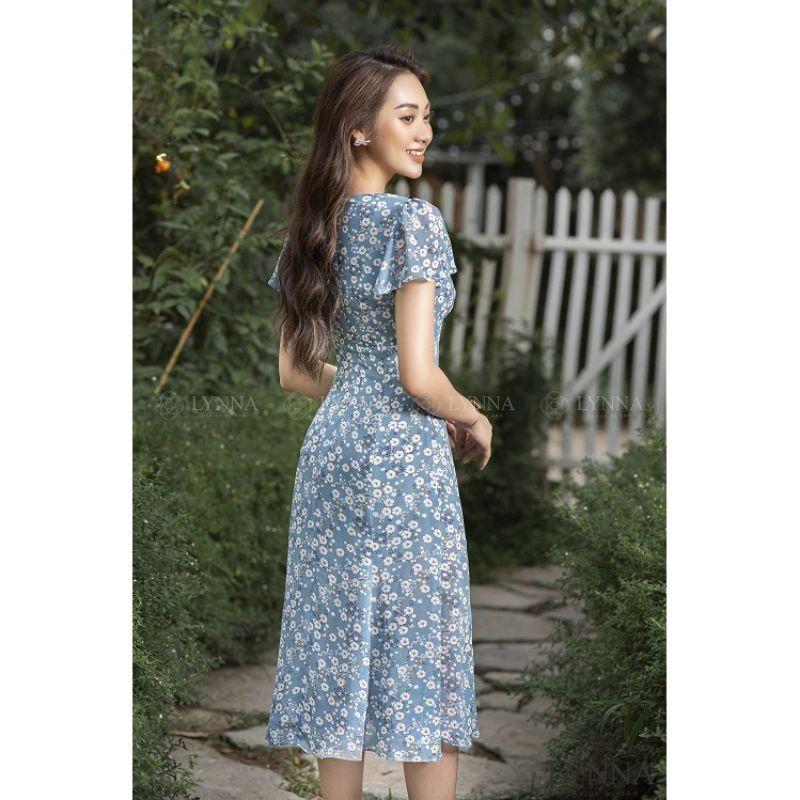 Váy maxi xòe cổ chữ V xẻ tà thiết kế chất lụa hoa 2 lớp mịn mát