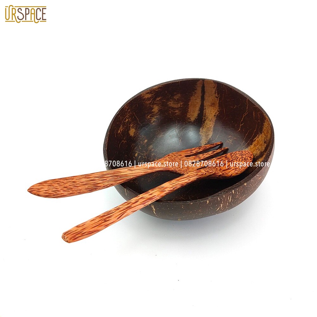 Chén dừa muỗng thìa gỗ dừa URSPACE trộn ngũ cốc salad
