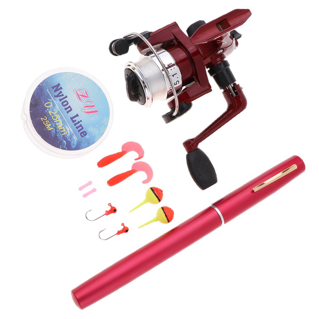 Mini Portable Pocket Fish Pen Shape Metal Fishing Rod Pole Reel Lure Hook