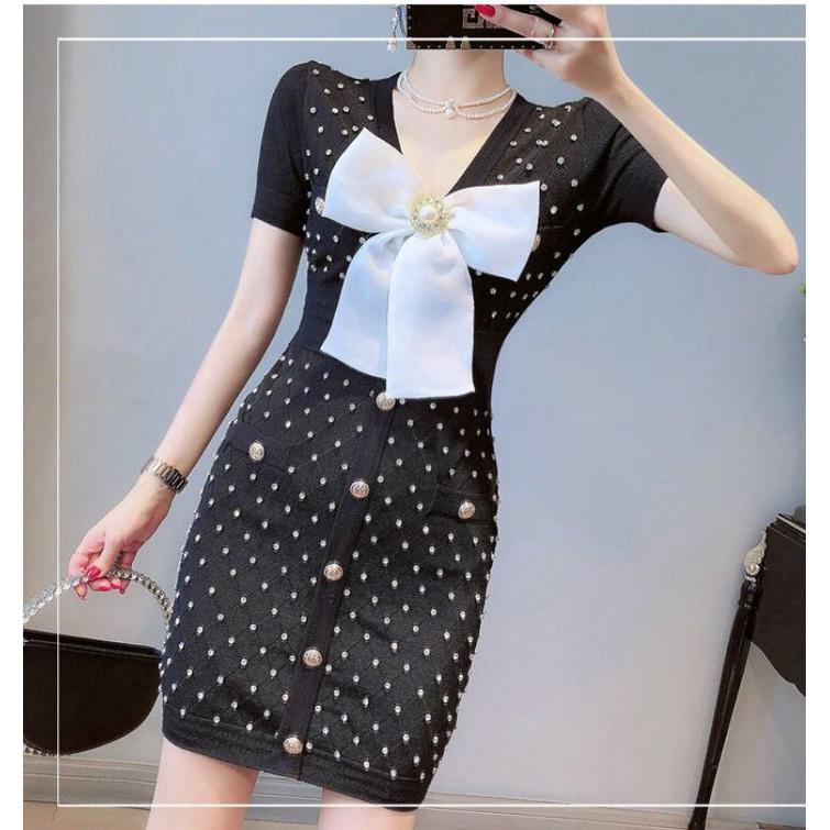 ĐẦM LEN BODY PHỐI NÚT CỔ NƠ KẾT HẠT