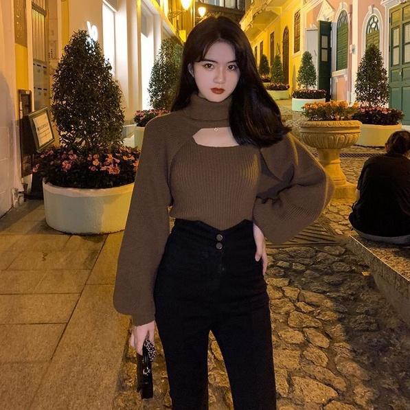 Set croptop len tăm cổ lọ nữ Nana's House -  Bộ áo 3 lỗ dáng ôm body kèm áo trơn cộc dài tay cao cổ
