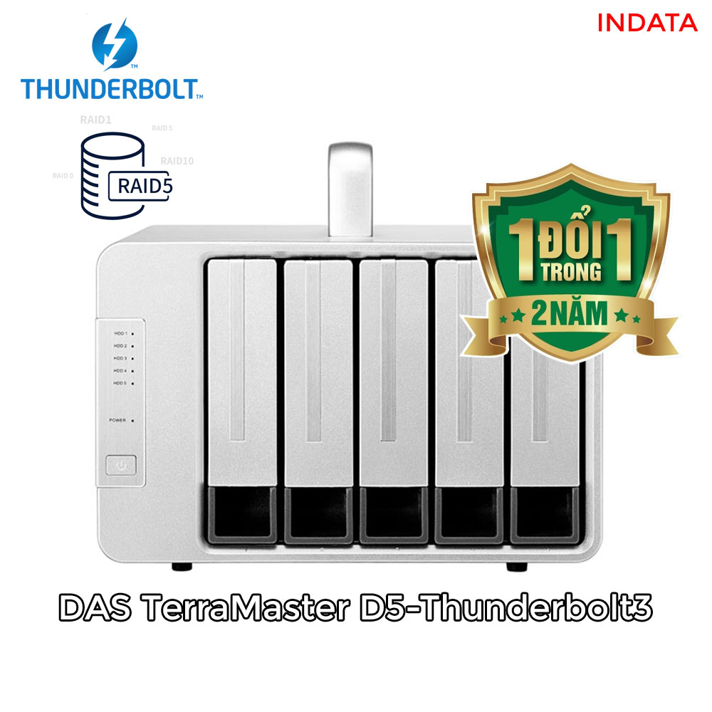 Bộ lưu trữ dữ liệu DAS TerraMaster D5-Thunderbolt 3 chuyên cho xử lý video và xử lý ảnh, 40Gbps, 1035MB/s, 5 khay ổ cứng RAID 0,1,5,10,JBOD,Single - Hàng chính hãng