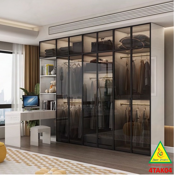 Tủ quần áo gỗ MDF cánh kính cường lực khung nhôm 4TAK04 - Nội thất lắp ráp Viendong Adv