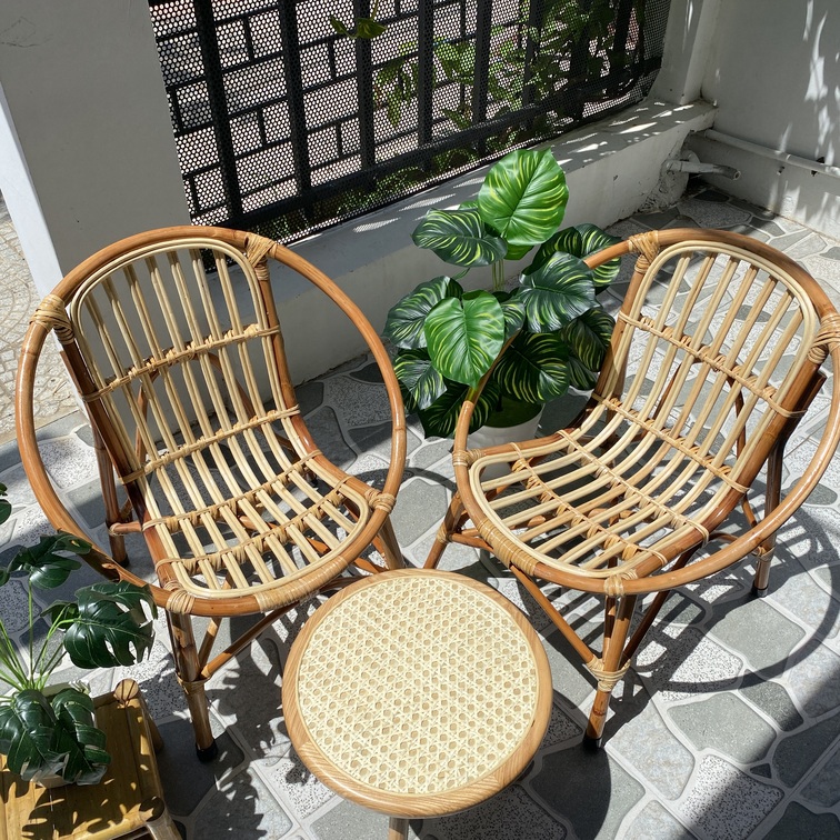 Bộ bàn ghế mây sò cao cấp kết hợp bàn mây, phù hợp làm quán Cafe / ban công gia đình / Homestay - 2 ghế chân mây + 1 bàn