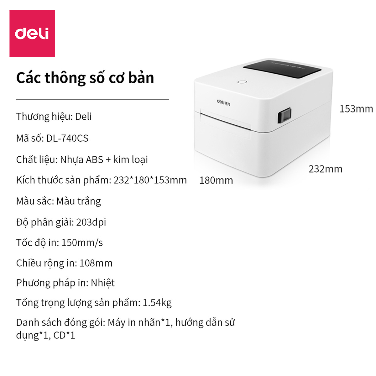 Máy In Nhiệt Cao Cấp Deli - In Đơn Hàng, Tem Mã Vạch, Hóa Đơn, Bill TMĐT - Phù Hợp Nhà Hàng, Kinh Doanh Online - Không cần mực in xong có thể dán hóa đơn ngay - Kết Nối USB, Bluetooth - Hàng Chính Hãng - DL-720C