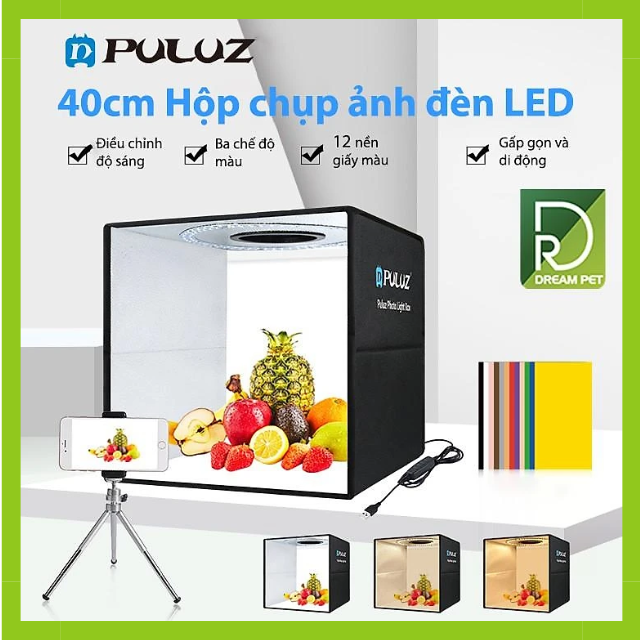 Hộp Chụp Hình Sản Phẩm Đèn Led Tự Điều Chỉnh Ánh Sáng Size 40x40 Puluz -Tặng kèm 6 phông nền