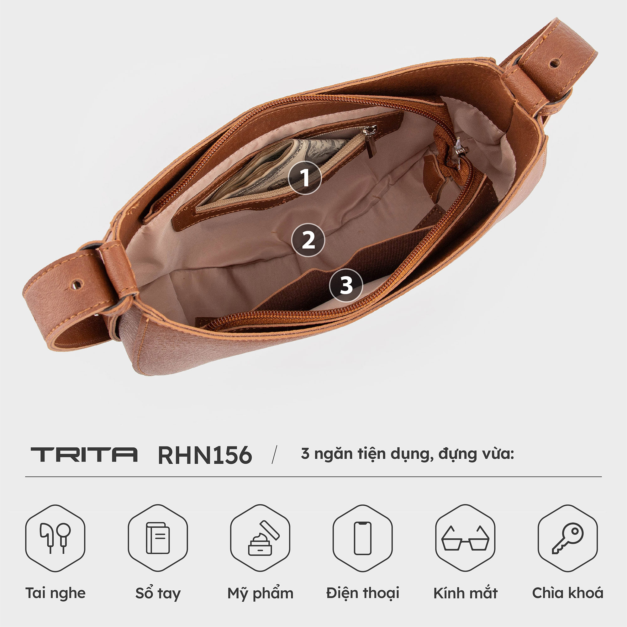 Túi Trita ( Thời trang nữ dáng bán nguyệt size 24 - Túi đeo vai da RHN156 )