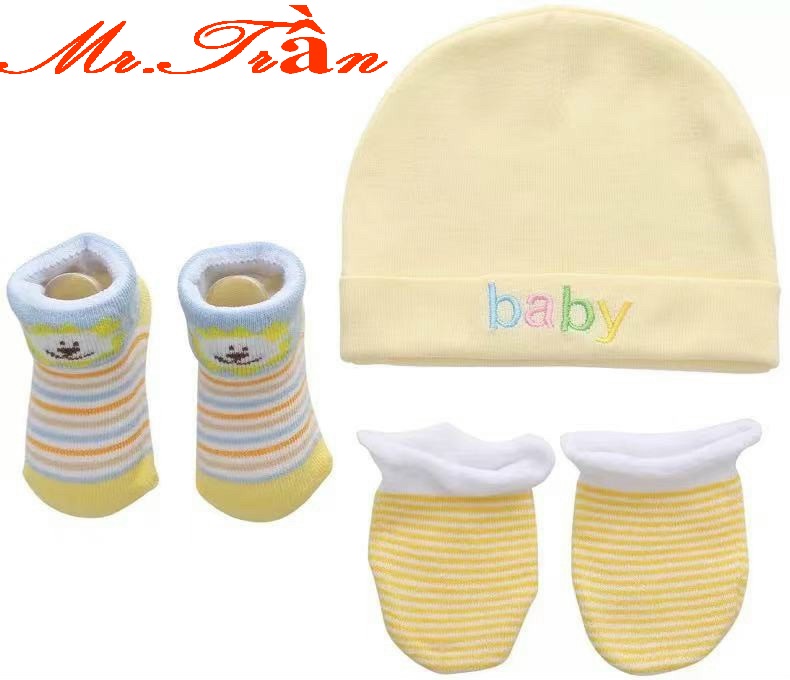 Set 3 món cao cấp dùng cho bé sơ sinh gồm tất, bao tay, mũ thóp vải cotton mềm mịn cho bé sơ sinh