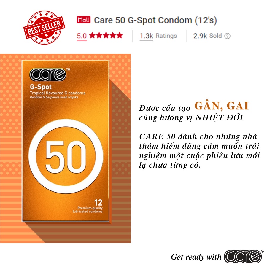 Bao Cao Su CARE 50 Có Gai hương rừng nhiệt đới nhiều gel bôi trơn hộp 3 chiếc, 12 chiếc nhập khẩu Malaysia