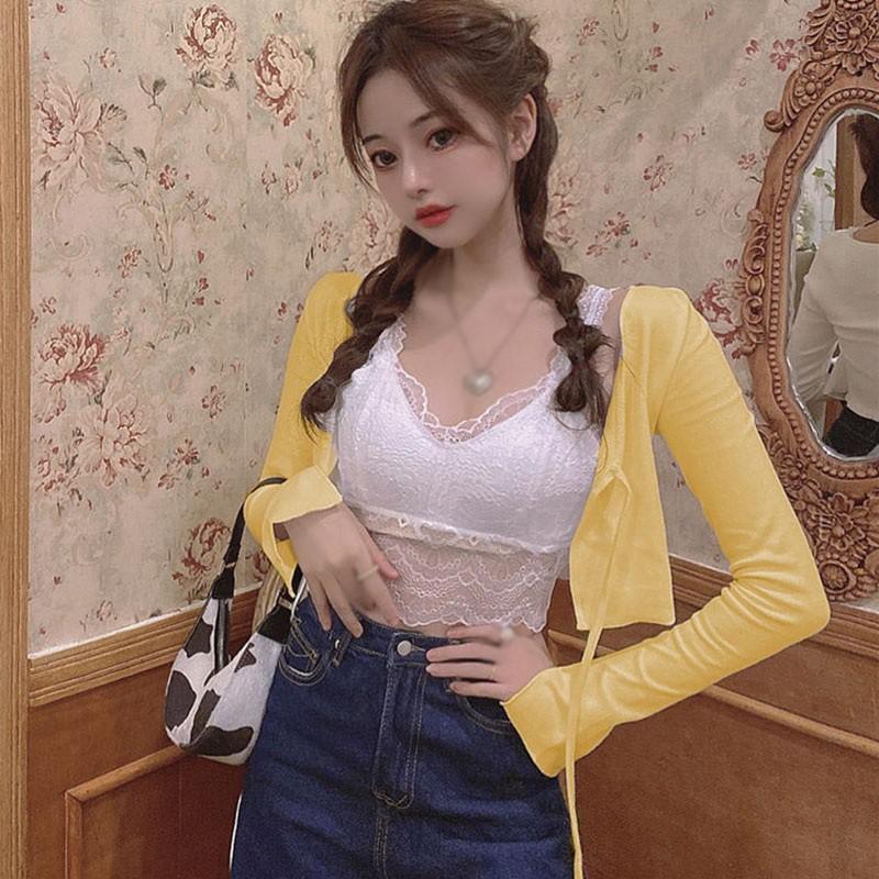 Áo Khoác Cardigan Dệt Kim Phối Ren Xinh Xắn Cho Nữ