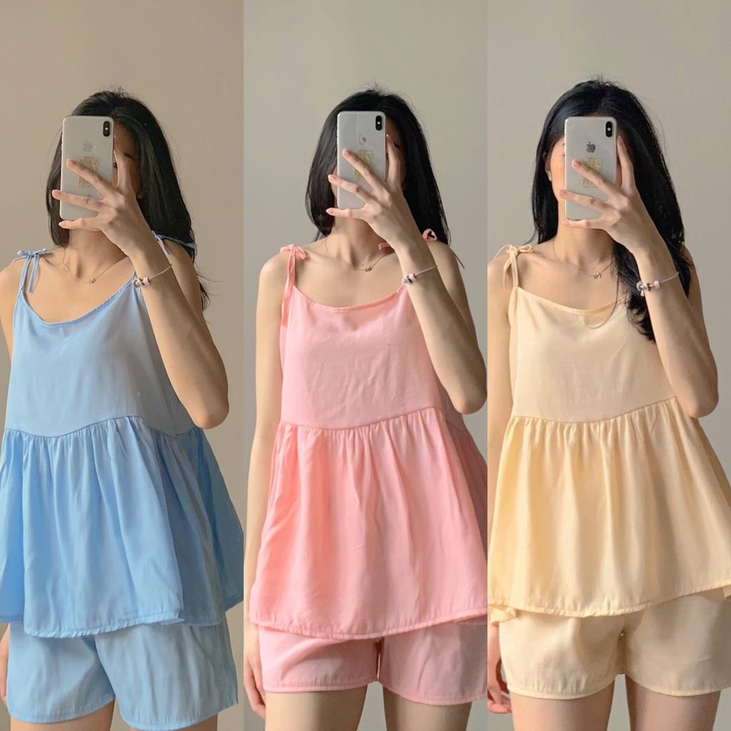 Set đồ ngủ áo 2 dây buộc nơ babydoll quần short đùi ống rộng, Pijama nhiều màu - Made by ToneOnTone TOT