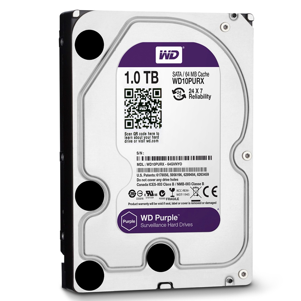 Ổ cứng HDD 1TB Western Digital Purple tím WD10PURX 64MB 3.5&quot;inch - Hàng nhập khẩu