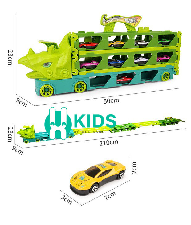 Xe tải container vận chuyển khủng long cỡ lớn biến hình đường ray ô tô siêu tốc dài 2m1 kèm nhiều ô tô cho bé