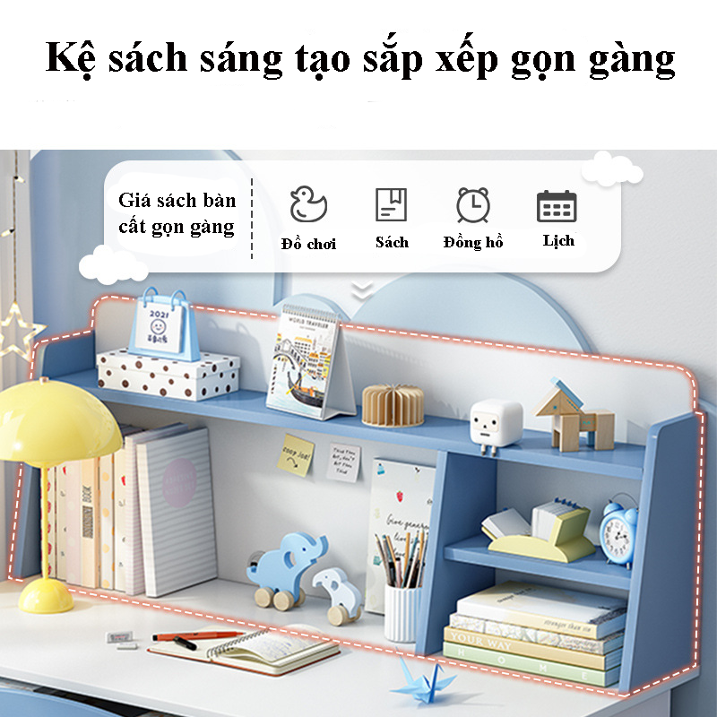 Bàn học sinh kích thước nhỏ màu sắc tươi sáng gỗ mdf cao cấp, bàn máy tính làm việc liền kệ sách trên bàn tiện lợi