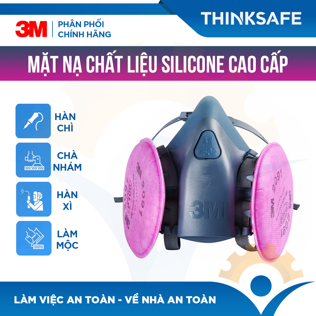 Mặt nạ phòng độc 3M 7502 kết hợp phin lọc 3M 2091 | Chống độc, khói hàn, bụi mụn - Thinksafe