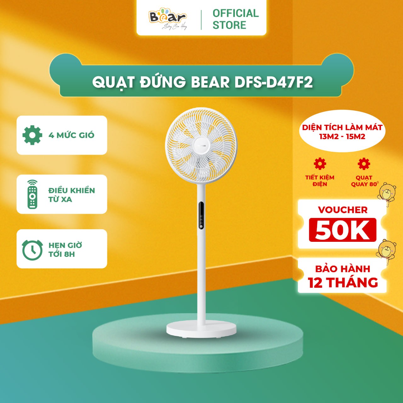 Quạt Điện Đứng Bear DFS-D47F2 47W Màu Trắng Chống Ồn Điều Khiển Từ Xa Tiết Kiệm Điện Sang Trọng Quạt Cây Đứng hàng chính hãng