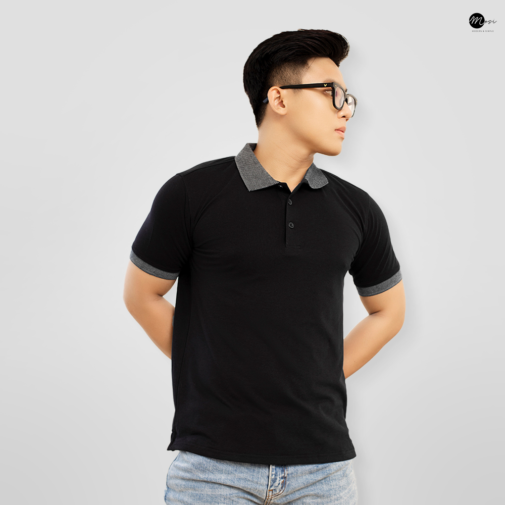Áo polo nam cổ bẻ phối viền vải cotton chuẩn form, lịch sự, năng động, đen - MOSI