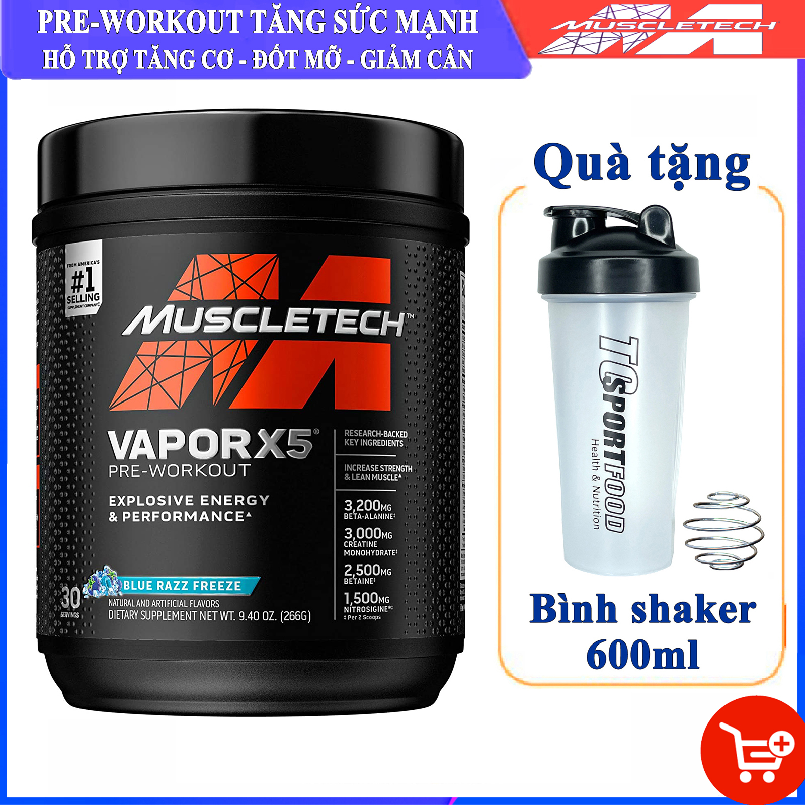 Combo Pre-Workout Vapor X5 của MuscleTech hương Blue Razz Freeze hộp 30 lần dùng hỗ trợ Tăng Sức Bền, Sức Mạnh, Đốt Mỡ, Giảm Cân mạnh mẽ cho người tập GYM & bình lắc 600 ml (Màu Ngẫu Nhiên)