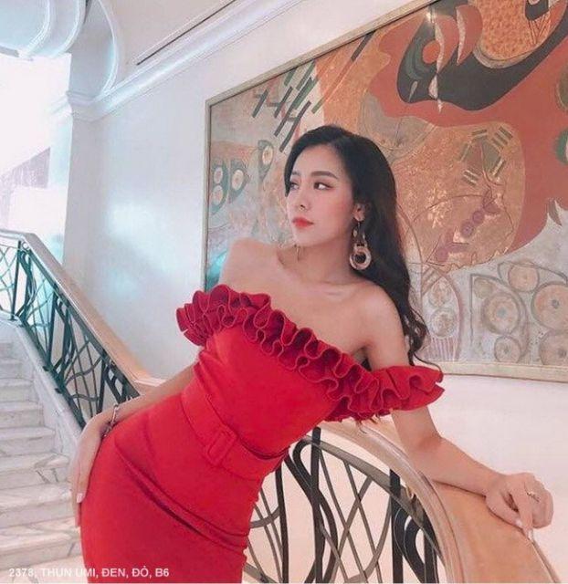 ĐẦM ÔM RỚT VAI CỔ DÚN BÈO KÈM BELT