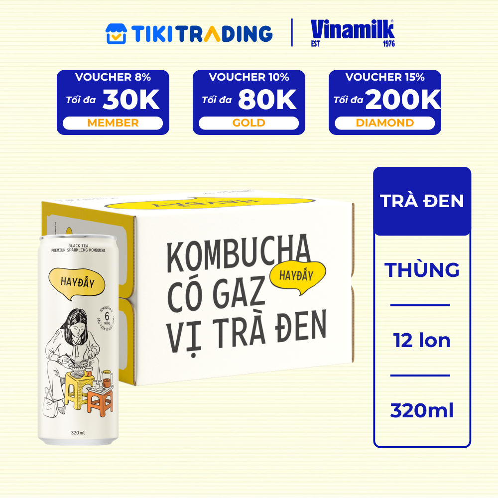[DUY NHẤT 15.05 ĐƠN 499K TẶNG QUÀ] Thùng 12 lon Kombucha Có Gaz Vị Trà Đen HAYĐẤY 320ml