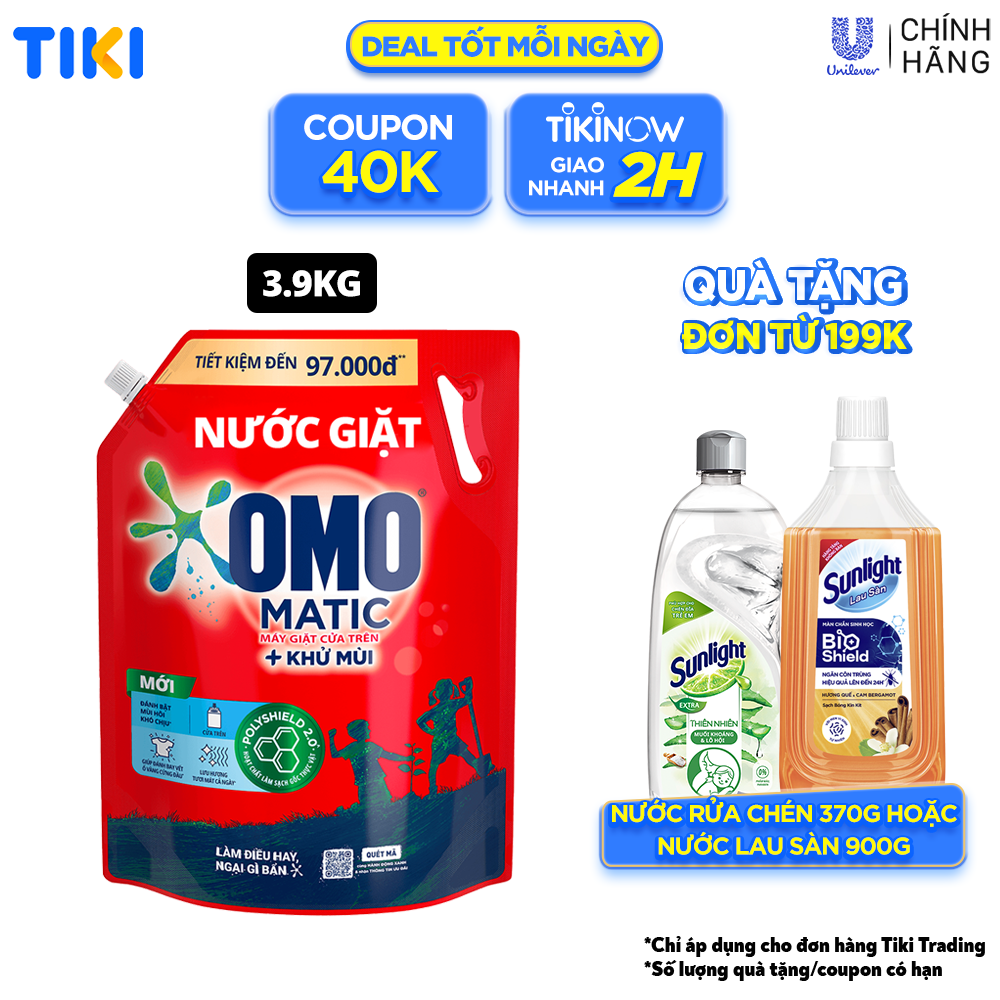 TúI Nước Giặt Omo Matic Cho Máy Giặt Cửa Trên Xoáy Bay Vết Bẩn Sạch Bẩn Khử Mùi Toàn Diện 3.9Kg