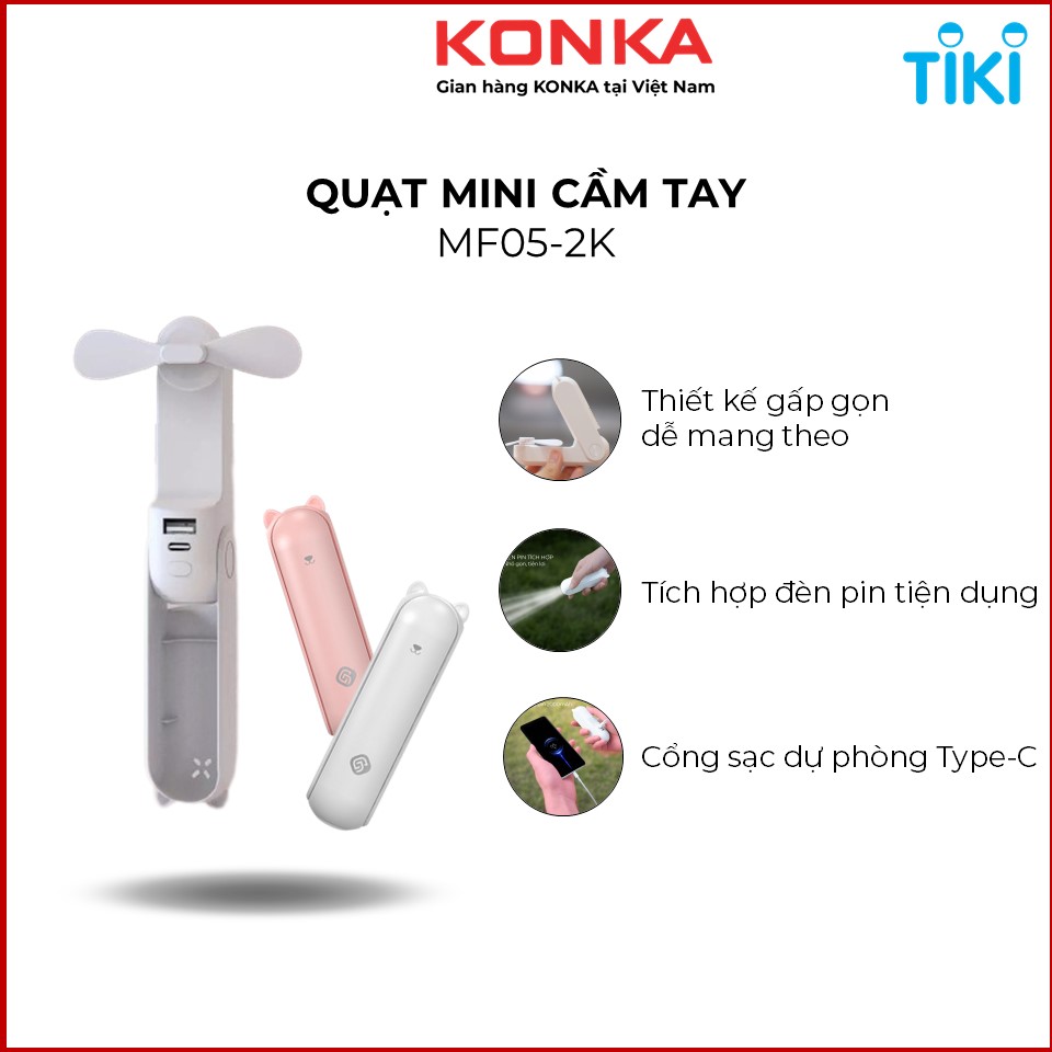 Quạt cầm tay mini gấp gọn tích hợp đèn pin sạc dự phòng 1500 mAh USB Micro đa năng có đế để bàn tiện lợi