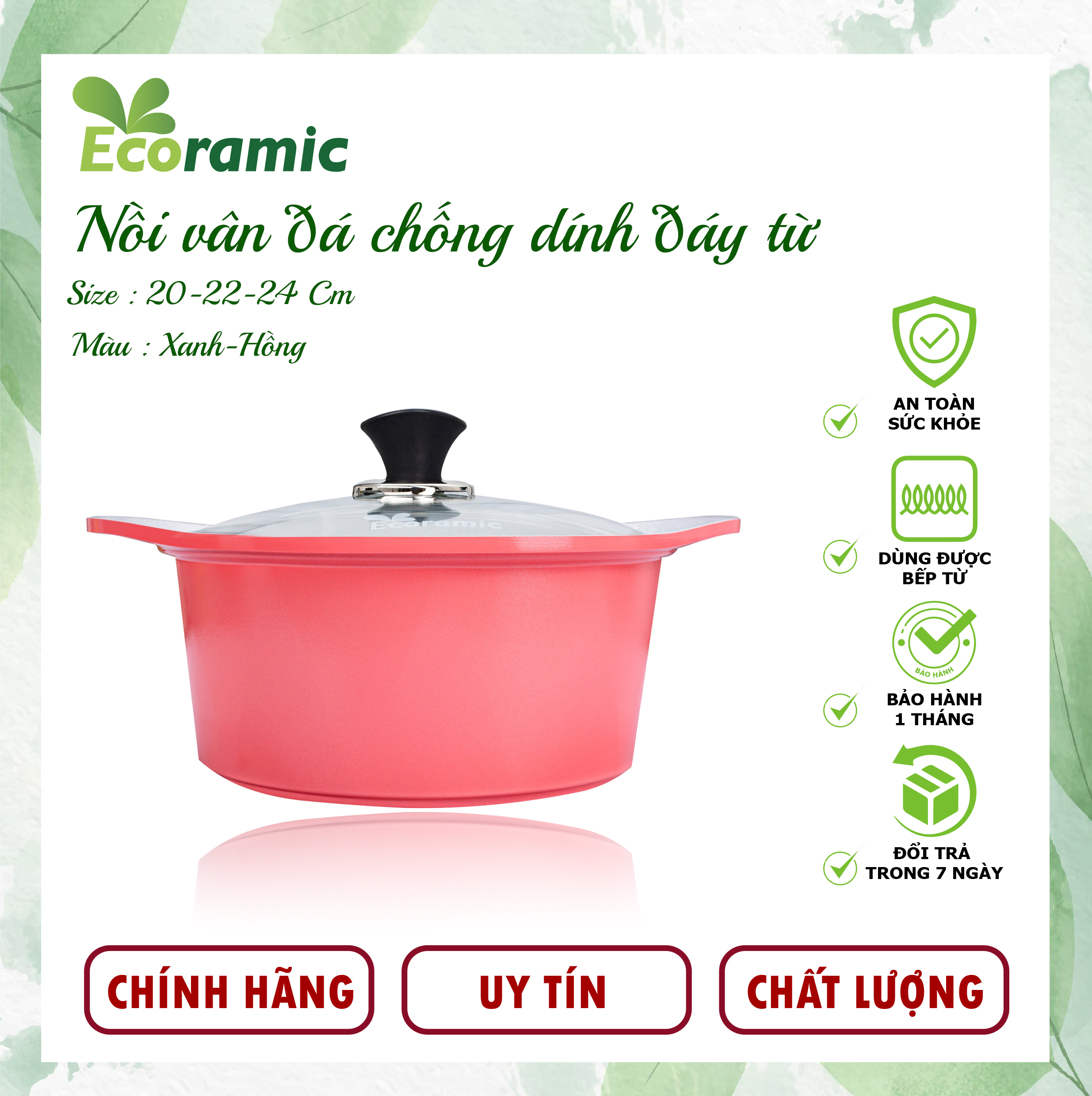 Nồi Đúc Chống Dính Vân Đá Đế Từ Ecoramic Chính Hãng Cao Cấp, Chống Dính, Dùng được cho mọi loại bếp