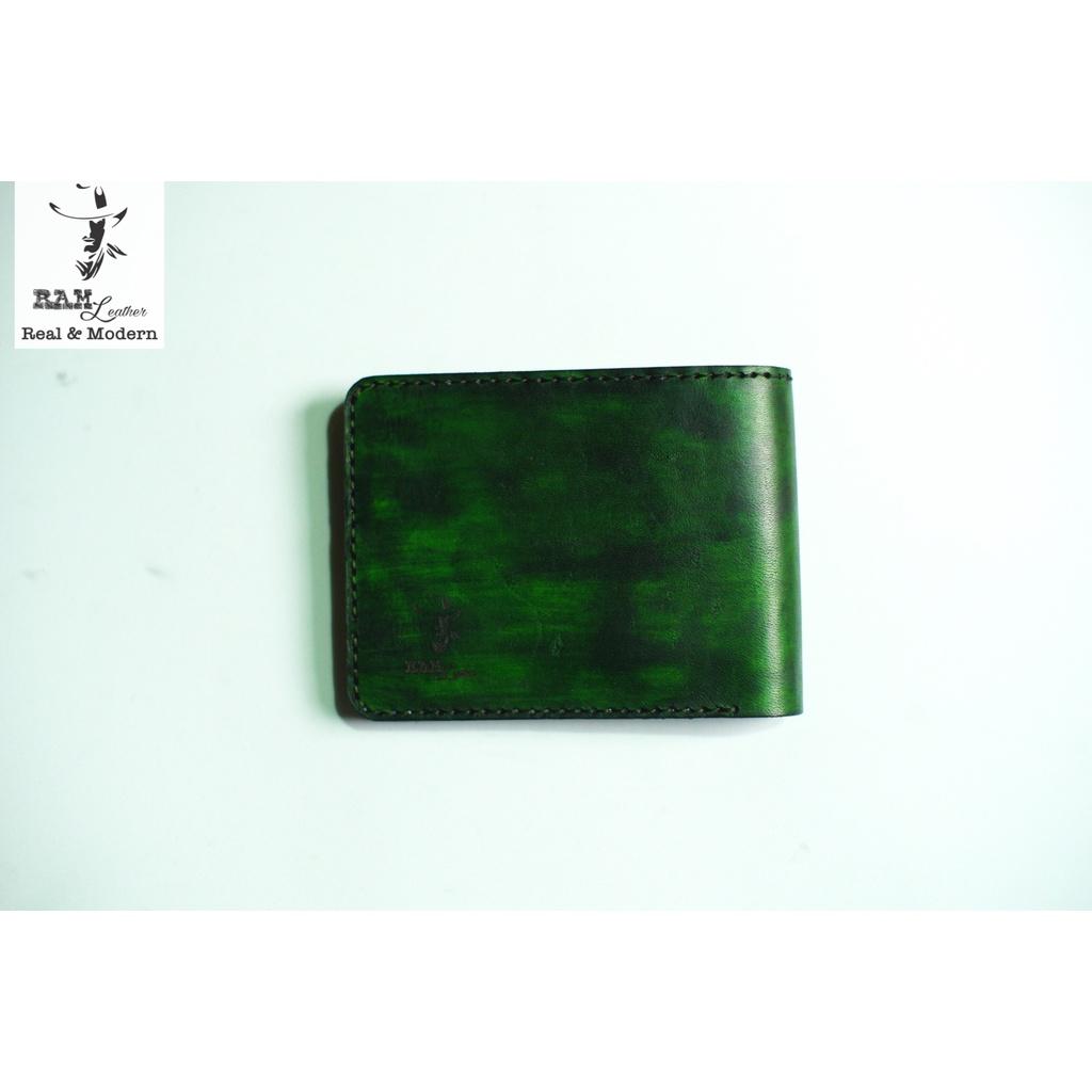 Ví nam trống đồng xanh lá  da bò thảo mộc handmade bền chắc cao cấp dáng ngang - chính hãng RAM Leather