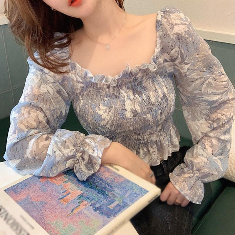 Áo Kiểu Vải Voan Tay Phồng Cổ Vuông In Họa Tiết Sơn Dầu Xinh Xắn Cho Nữ