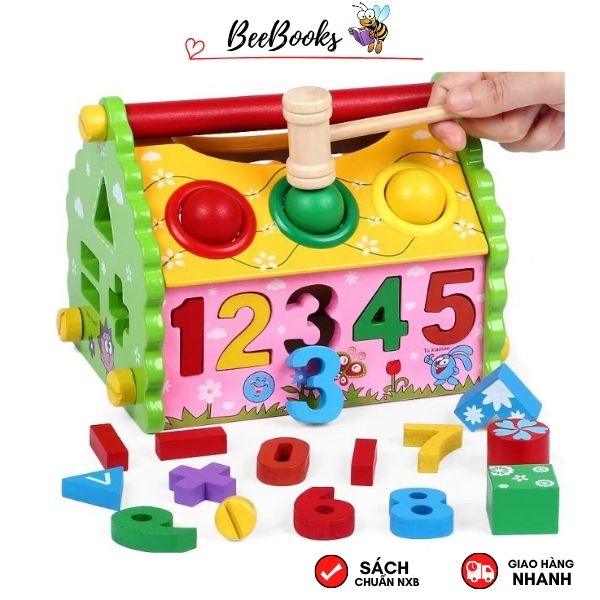 Đồ Chơi Nhà Thả Hình Gỗ 3 In 1- Đập bóng, Thả hình, Xem giờ- Đồ chơi thông minh, an toàn và phát triển kỹ năng
