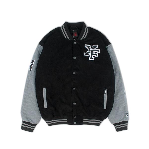 Áo Khoác Bóng Chày Bomber Varsity Nhung Tăm Cao Cấp Nam Nữ Thêu 2 Lớp Màu Đen Tay Xám By Xfire VAR-VER2NT-B/GR322