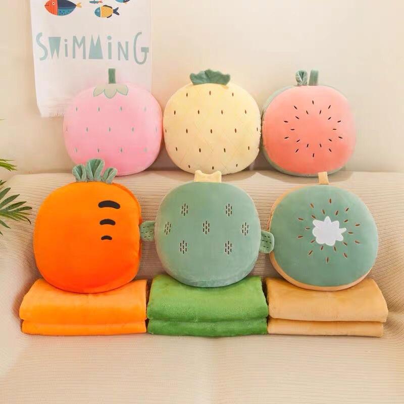 Gối chăn văn phòng 2 in 1 chất miniso cao cấp hình hoa quả tròn kiwi, cà rốt, dưa hấu...
