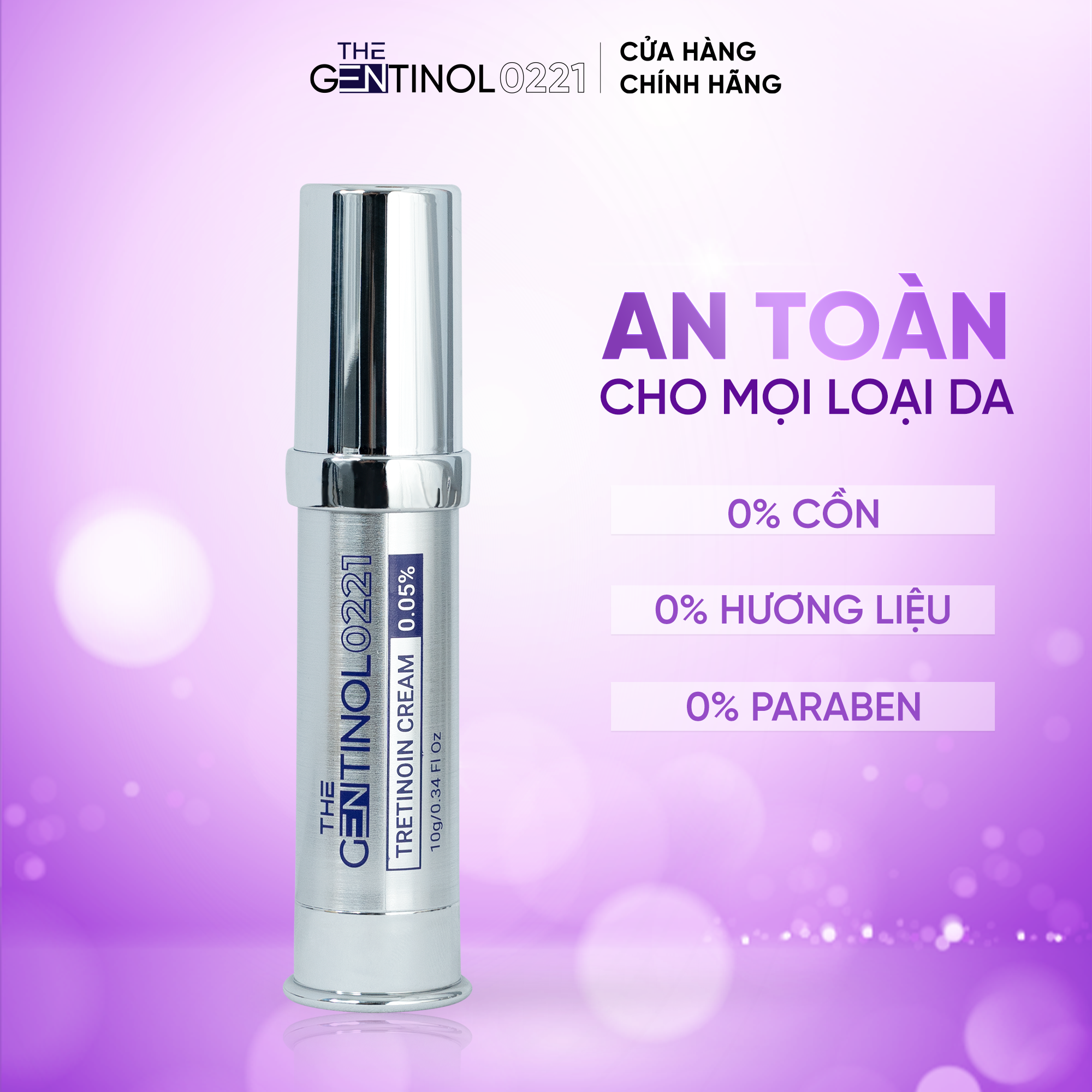 Tretinoin 0.05% The Gentinol 0221 ngăn mụn, tẩy da chết, giảm nguy cơ sẹo mụn, thông thoáng lỗ chân lông và giúp tăng sinh collagen, ngăn lão hóa 10g