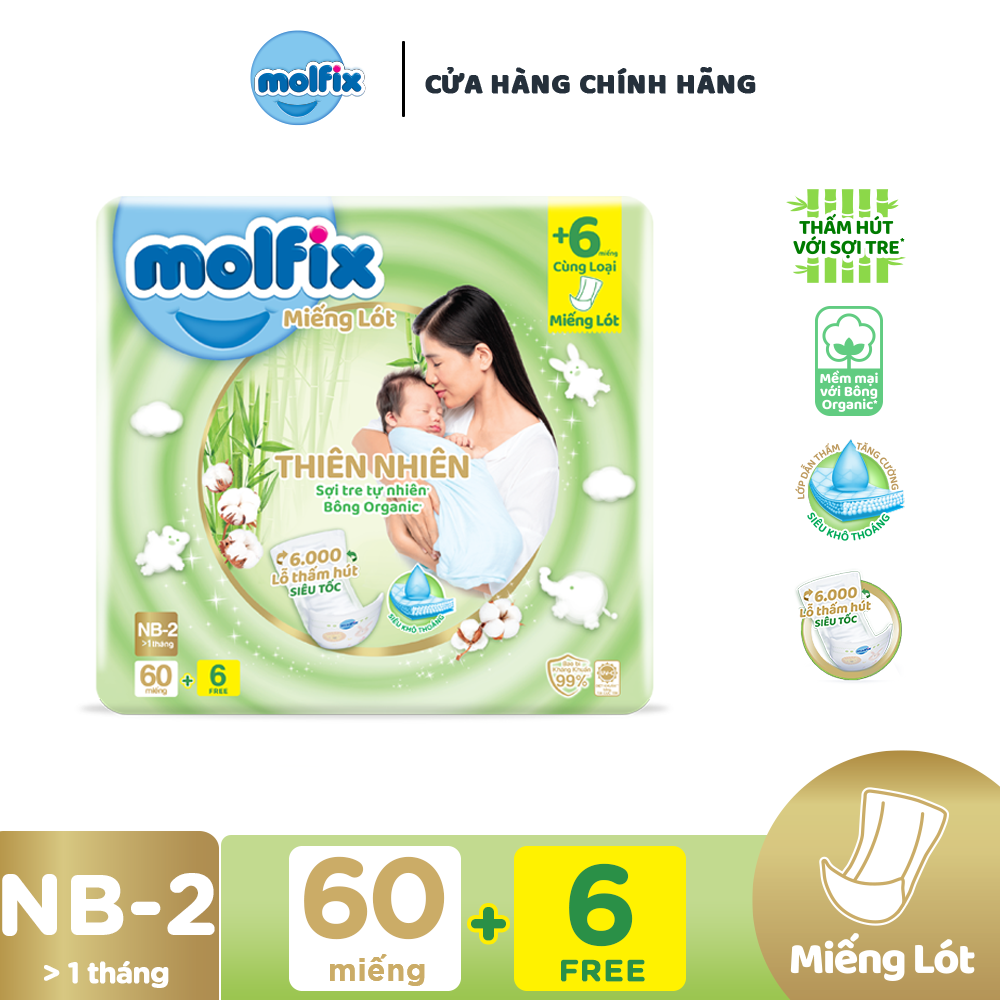 Miếng lót sơ sinh Molfix Thiên nhiên Super Jumbo Newborn 2 (trên 1 tháng tuổi) - Gói 60+6 miếng