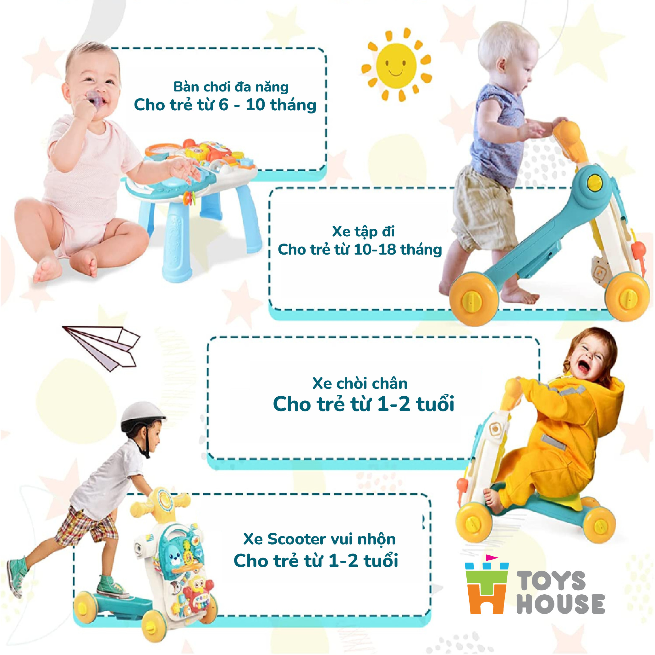 Xe tập đi đa năng 4 trong 1: xe tập đi, bàn nhạc, chòi chân, trượt scooter Toyshouse HE0826
