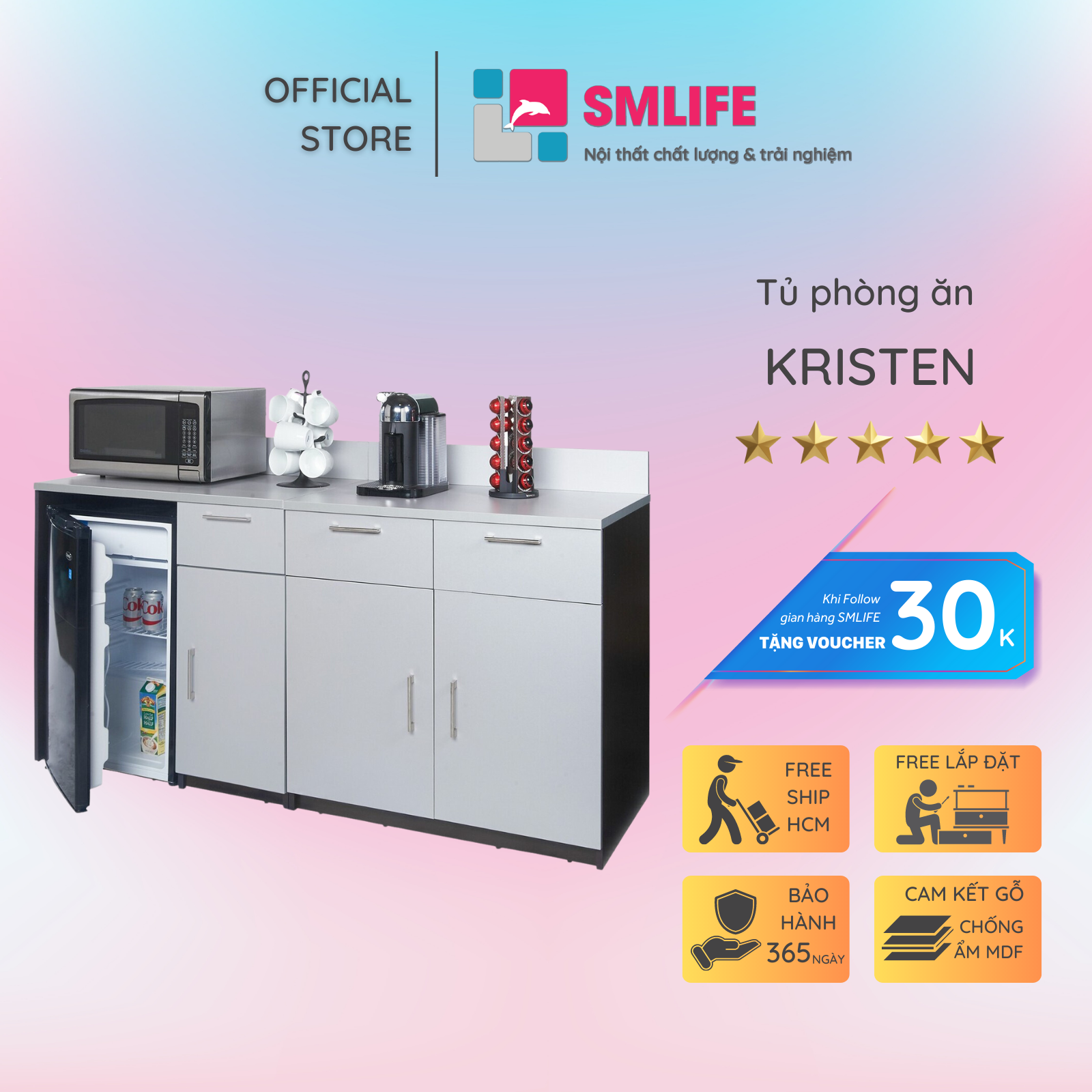 Kệ gỗ nhà bếp hiện đại SMLIFE Kristen | Gỗ MDF dày 17mm chống ẩm | D180xR60xC137cm