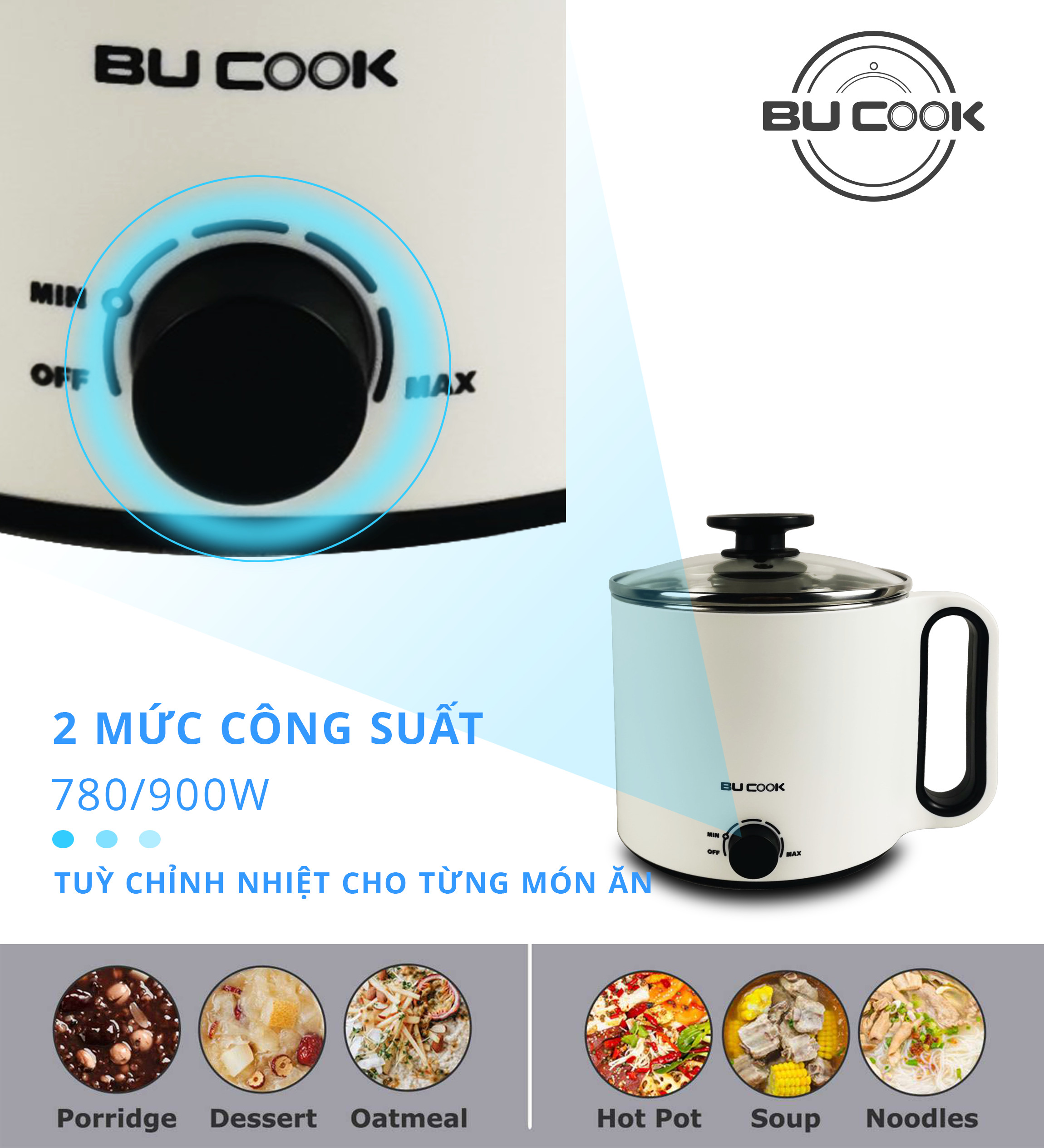 Nồi Lẩu Mini Cầm Tay, Nồi Nấu Đa Năng Dung tích 1.5L công suất 900W BUCOOK model BNP6868 - Hàng chính hãng