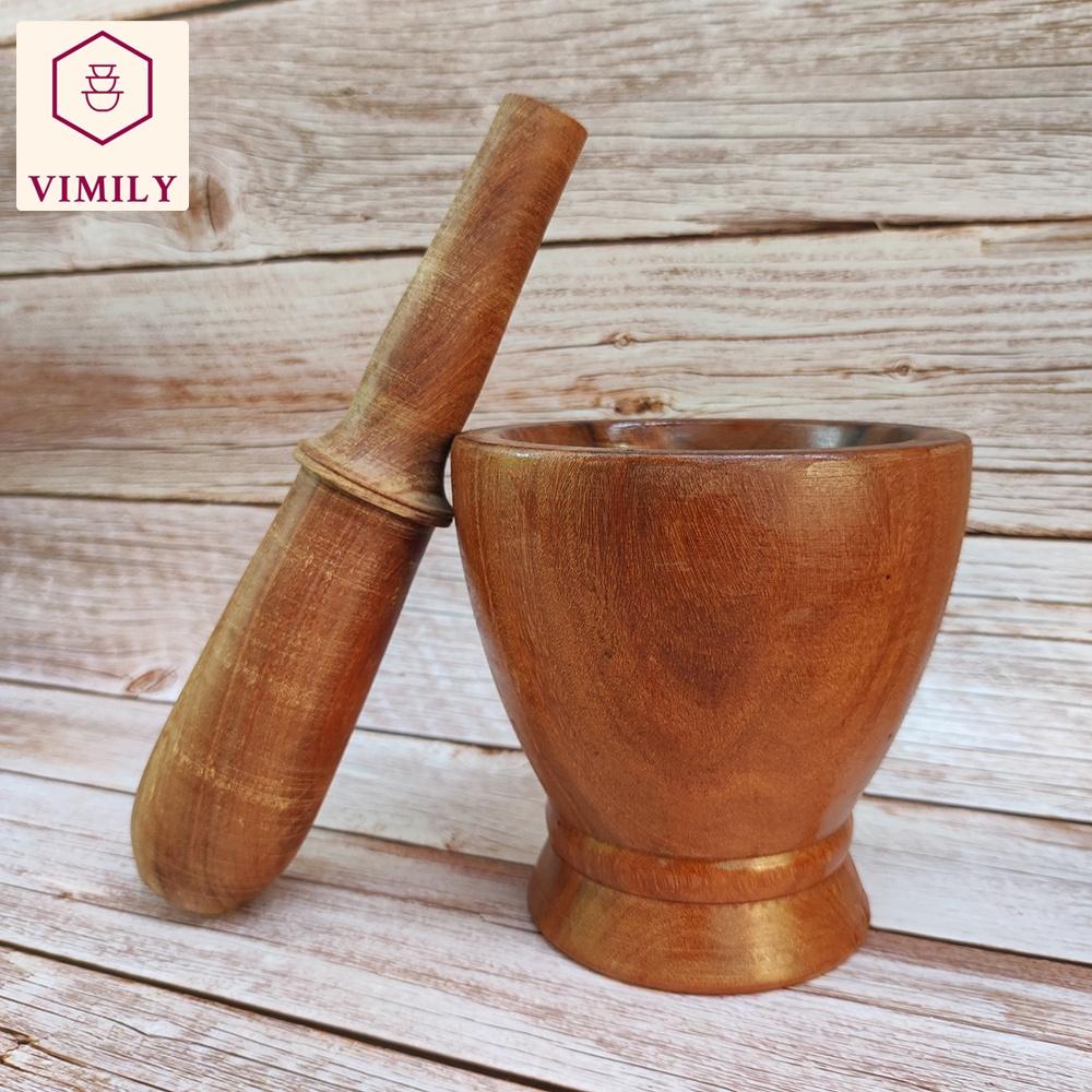 Cối chày gỗ nghiến Tây Bắc núi đá giã thức ăn gia vị VIMILY kích thước 13cm và 15cm