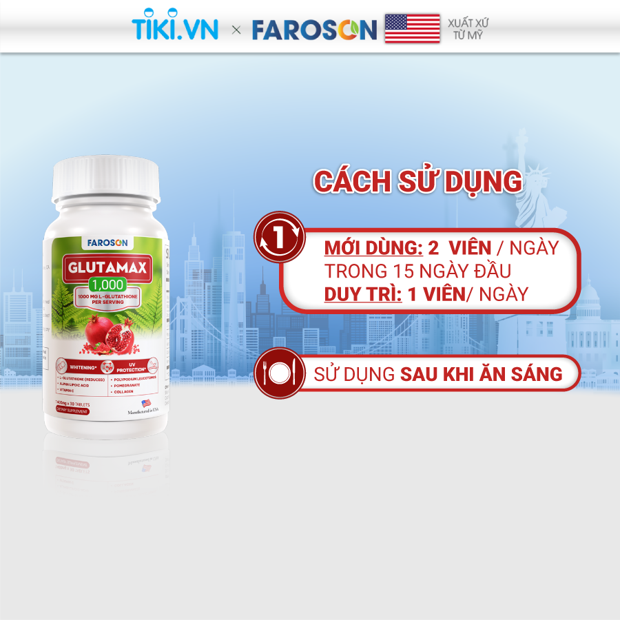 Combo 4 hộp Viên Uống Trắng Da Glutathione Giảm Nám Chống Nắng Faroson Glutamax 4 x 30 viên