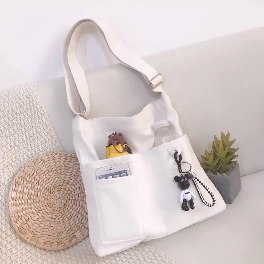 Túi Vải Đeo Chéo Nhiều Ngăn Túi Tote Unisex Form Rộng Vải Canvas Ngăn Nhỏ 2 Màu