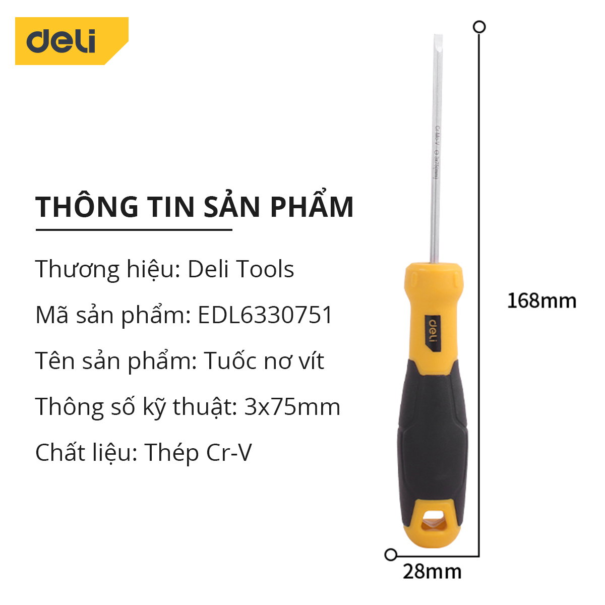 Tua Vít 2 Cạnh Deli Cao Cấp -  Đầu Vít Từ Tính Dễ Dàng Sử Dụng - Kích Thước 3*75mm Thép Cr-V Mạ Crom