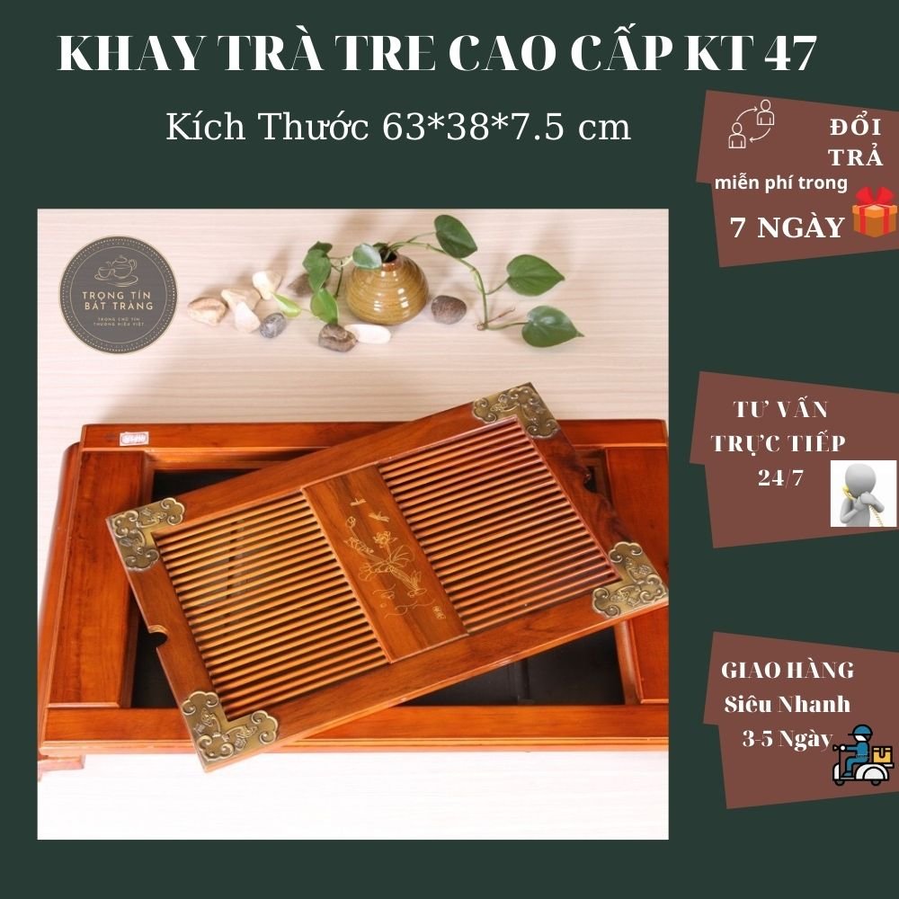 Khay Trà Tre Cao Cấp Bọc Đồng 4 Góc Kích Thước 63*38*7.5 KT 47
