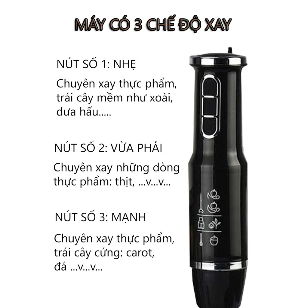 Máy xay cầm tay xay sinh tố, thịt, thực phẩm 600W - 3 mức độ xay, hoạt động hết công suất không nóng máy