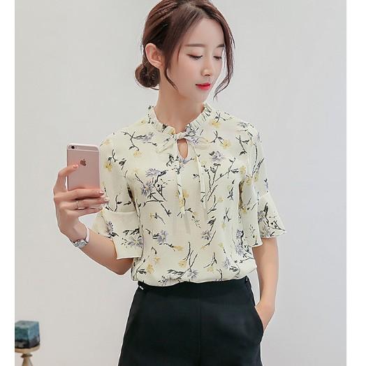 Sơ mi công sở, đi chơi tay bèo, tay lơ cổ nơ chất Voan họa tiết hoa siêu đẹp mặc mát mẫu mới 2021